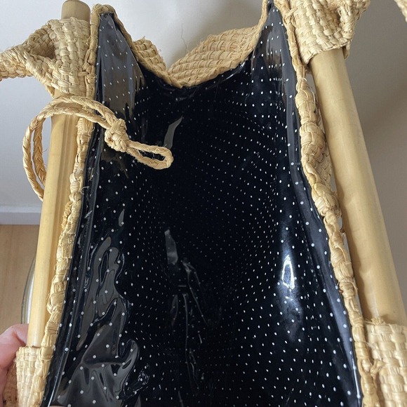 VTG Boho Mid-century Natural Straw Raffia Bag Tote Bamboo Accent Summer Beach - Picture 9 of 16